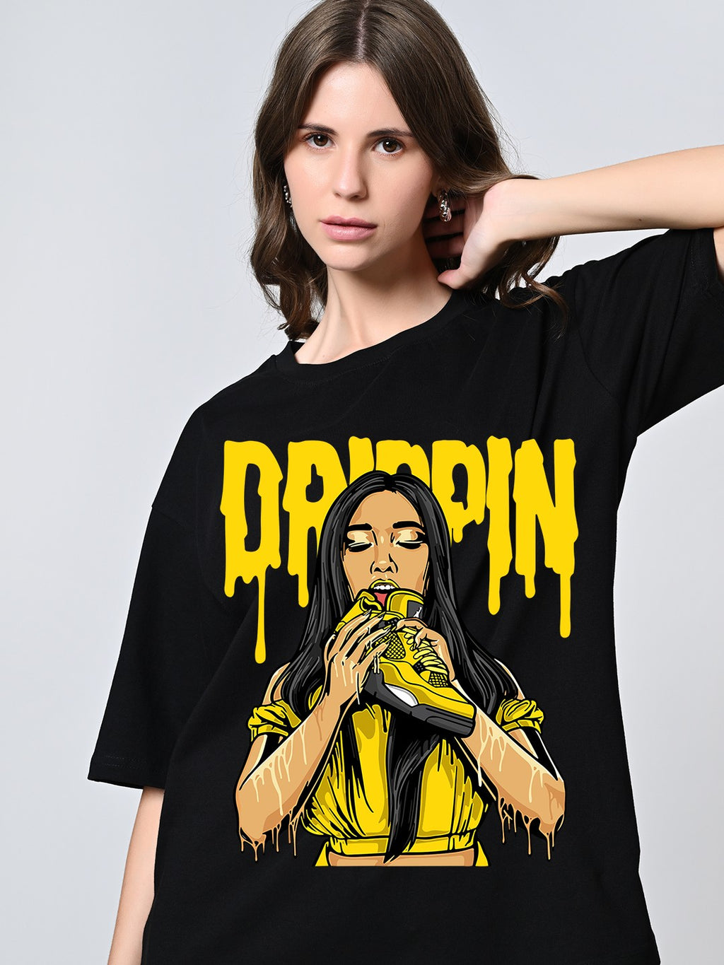 Oversized Black Printed Cotton T-Shirt for Women – Round Neck, Drop Shoulder