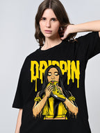 Oversized Black Printed Cotton T-Shirt for Women – Round Neck, Drop Shoulder