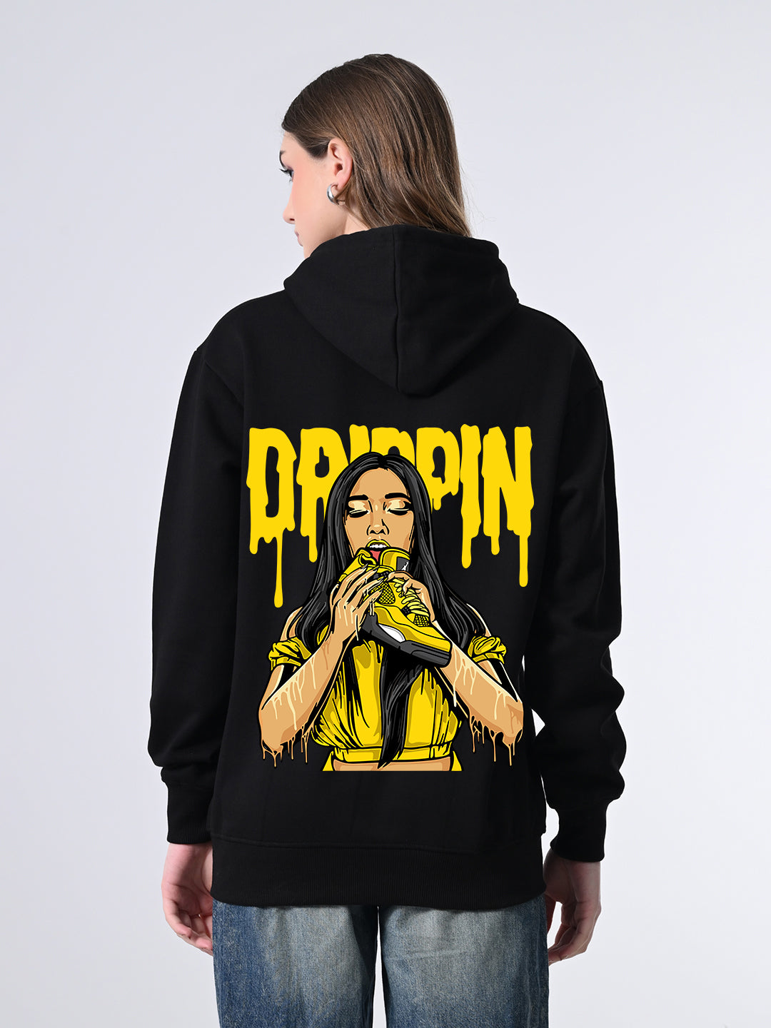 Women’s Relaxed Black Hoodie – Printed Fleece with Pocket