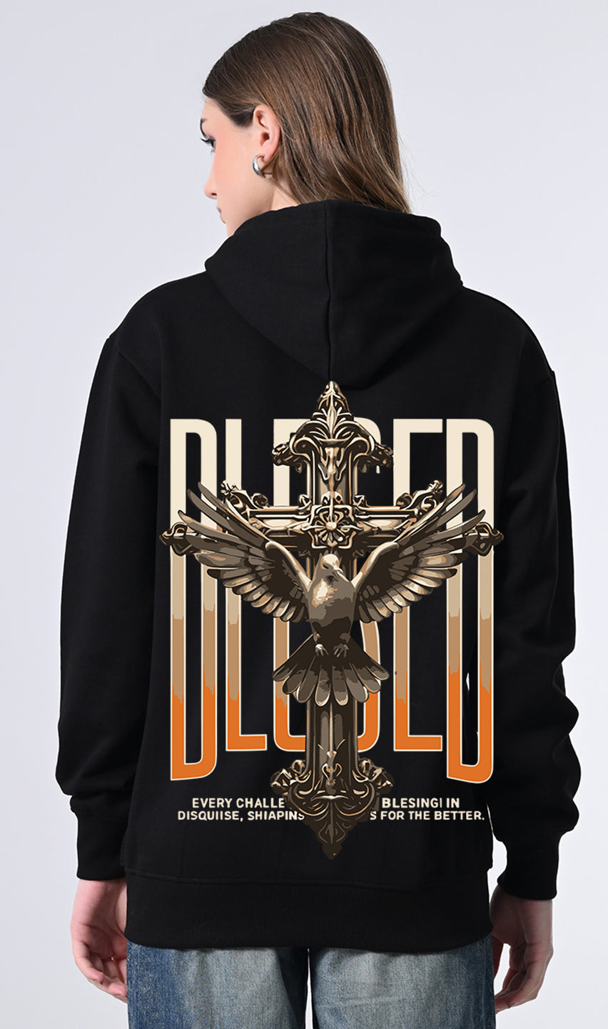 Women’s Black Relaxed Fit Hoodie – Printed Fleece Pullover with Kangaroo Pocket