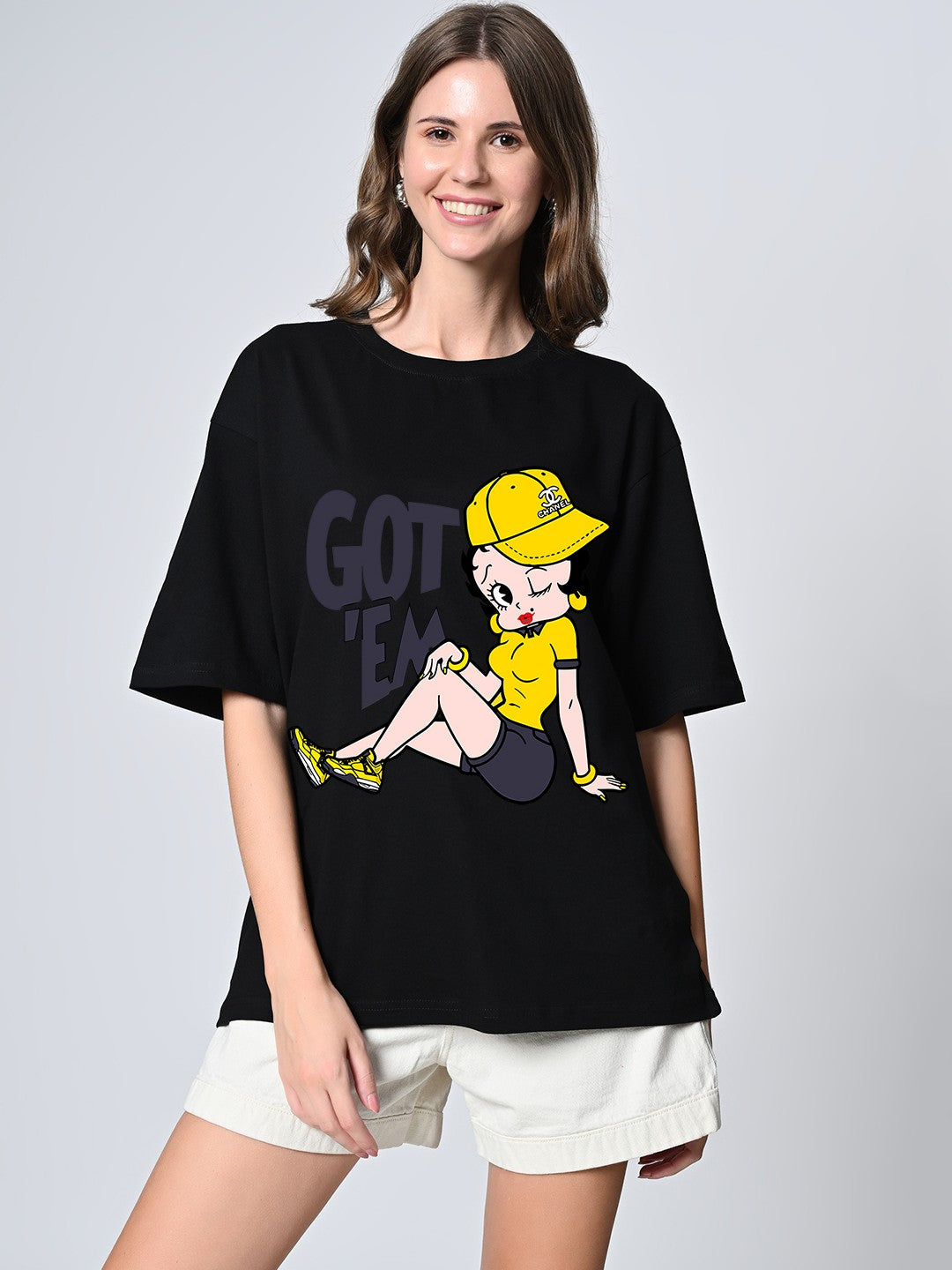Women’s Oversized Cotton T-Shirt – Black Print, Drop Shoulder, Half Sleeves