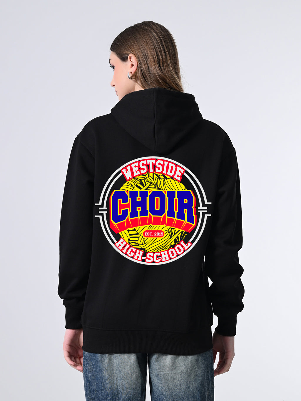 Stylish Black Hoodie for Women – Warm Printed Pullover with Lined Hood, Ribbed Finish & Full Sleeves