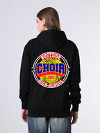 Stylish Black Hoodie for Women – Warm Printed Pullover with Lined Hood, Ribbed Finish & Full Sleeves