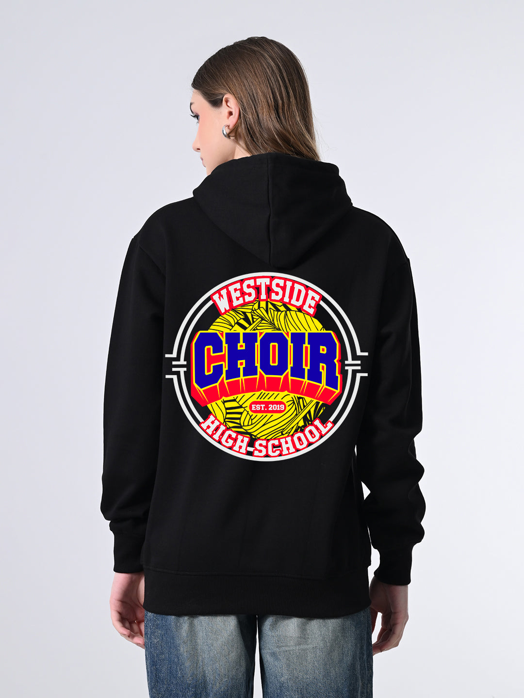 Stylish Black Hoodie for Women – Warm Printed Pullover with Lined Hood, Ribbed Finish & Full Sleeves