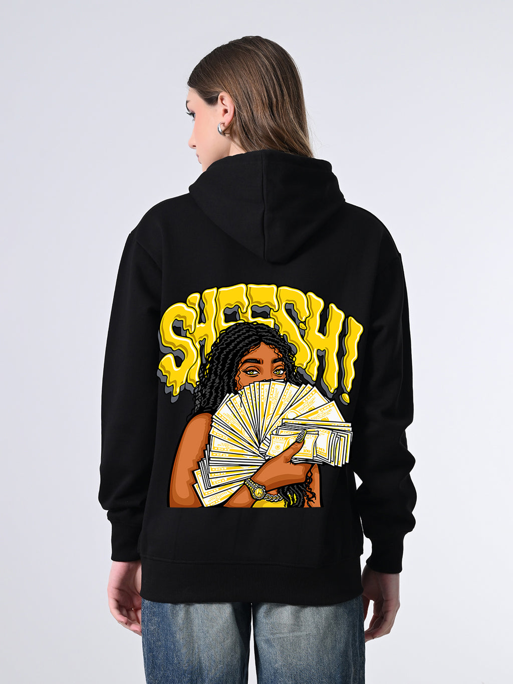 Women’s Black Printed Hoodie – Soft Fleece Pullover with Kangaroo Pocket