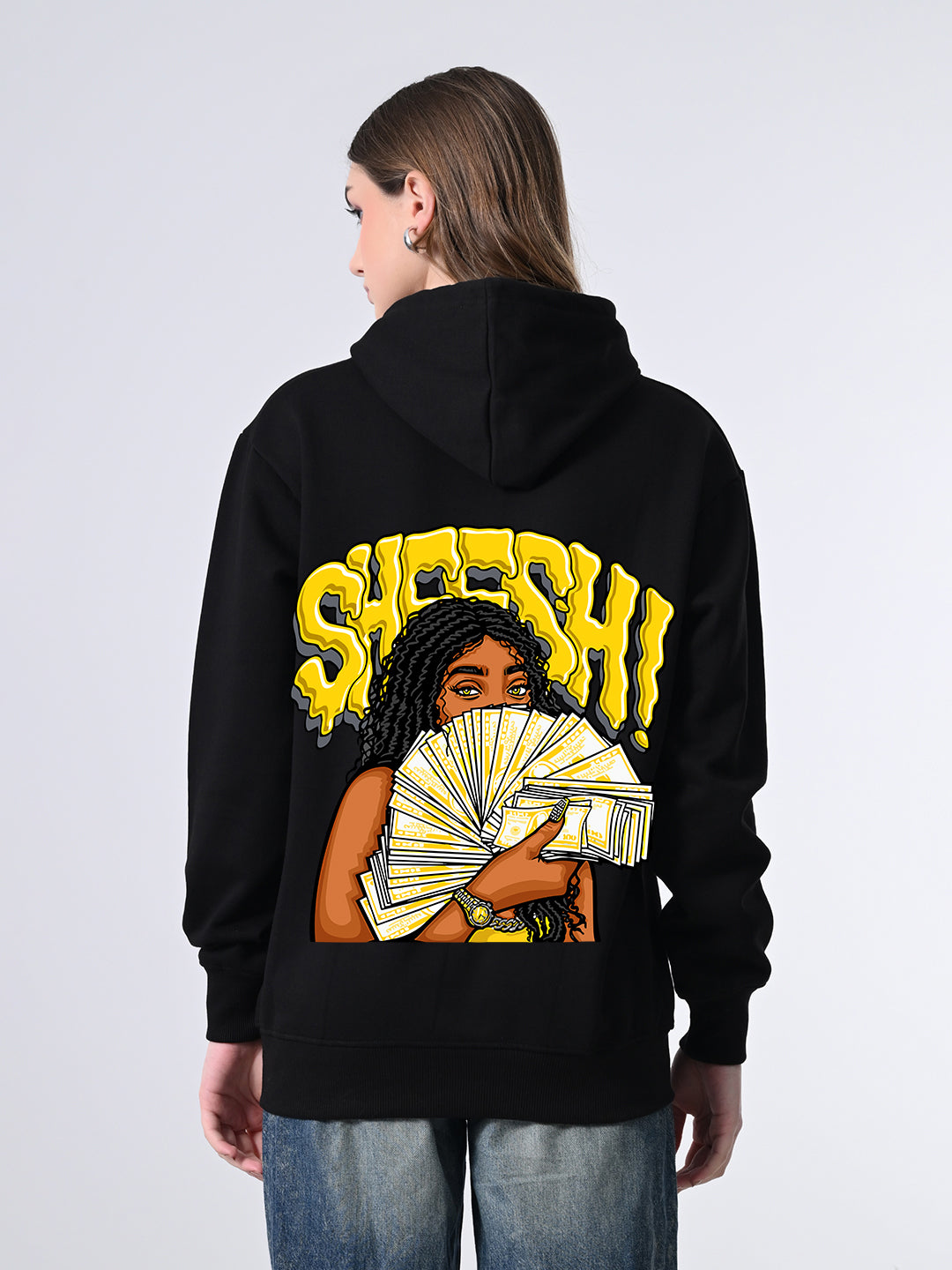 Women’s Black Printed Hoodie – Soft Fleece Pullover with Kangaroo Pocket