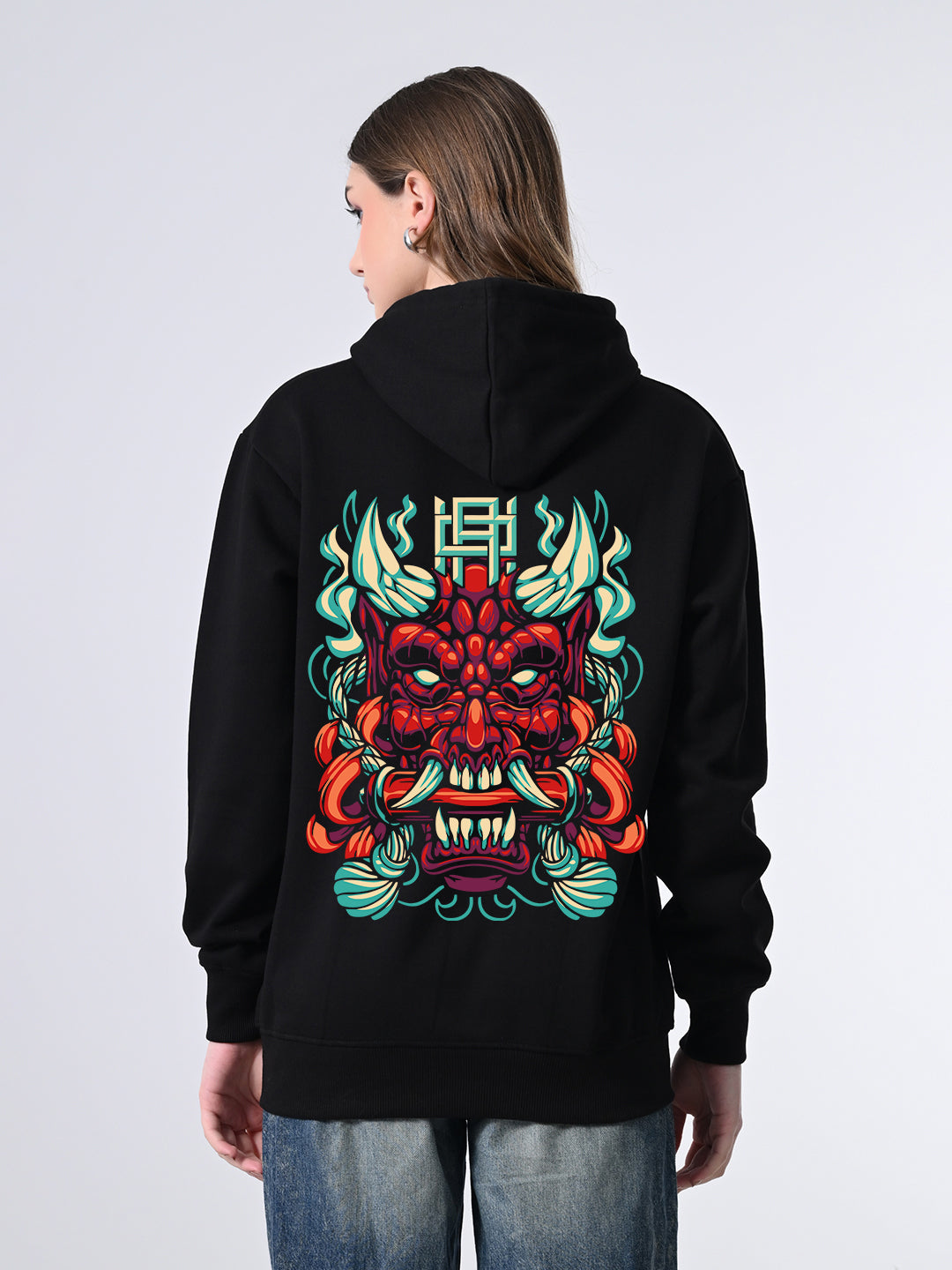 Women’s Black Printed Hoodie – Relaxed Fit, Full Sleeves, Lined Hood, Ribbed Hem, Stylish Winter Wear