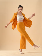 Women's Solid Relaxed Fit 3/4 Sleeve Co-ord Blazer and Trouser Set Mustred