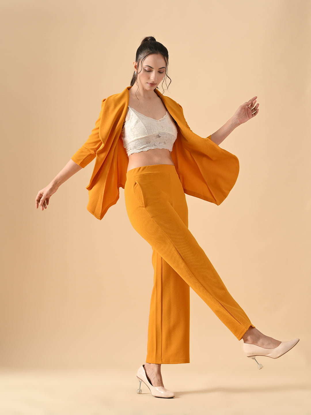 Women's Solid Relaxed Fit 3/4 Sleeve Co-ord Blazer and Trouser Set Mustred