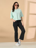 Oversized Crop T-Shirt for Women – Pure Cotton, Drop Shoulder, Solid Casual Top