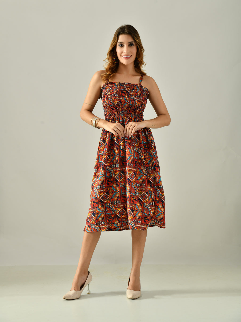 OWL MINK Women’s Flared Calf-Length Dress | Sleeveless Rayon Crepe