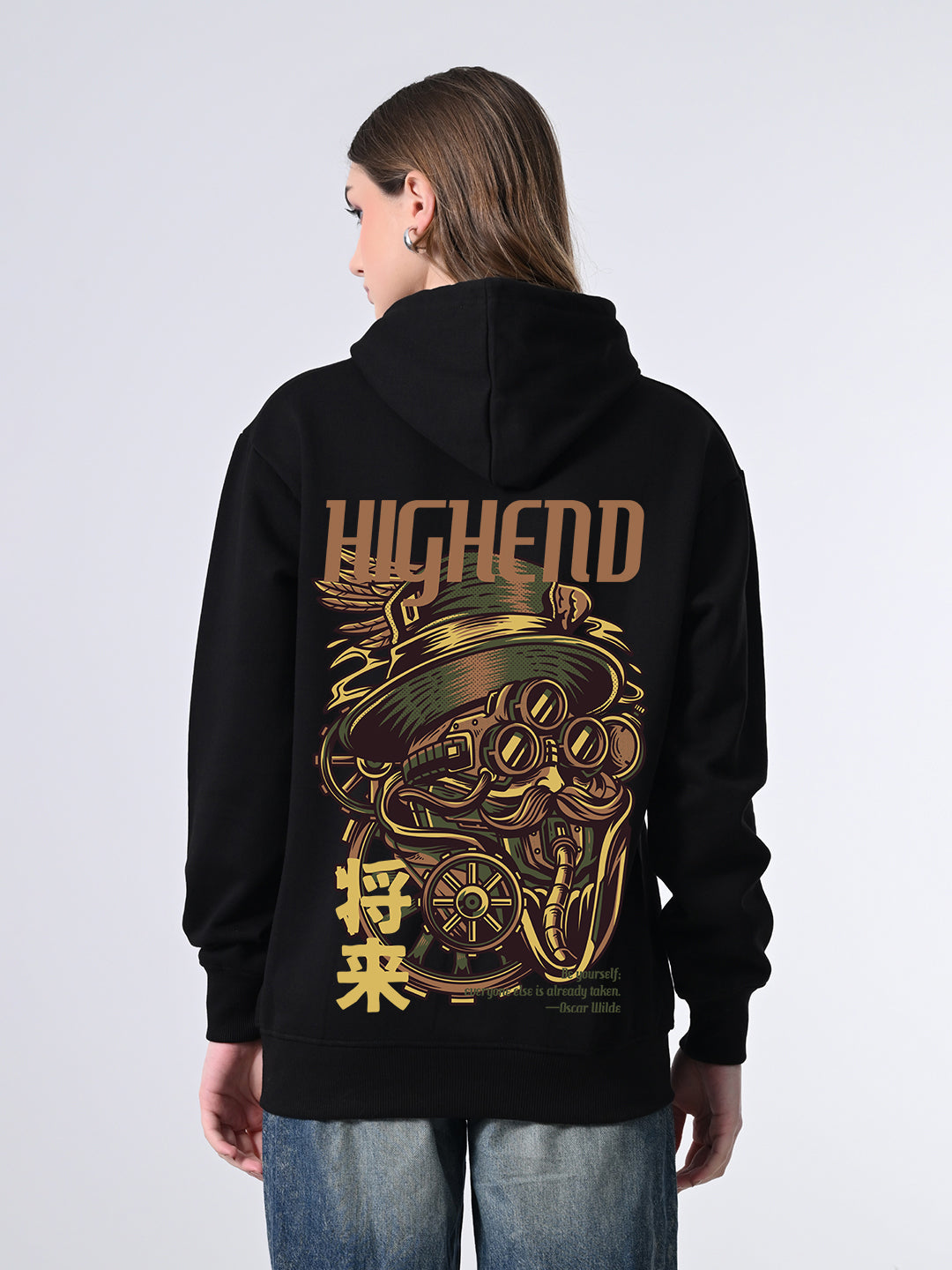 Women’s Black Printed Winter Hoodie – Relaxed Fit Pullover with Hood, Ribbed Hem & Full Sleeves