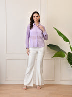 Women’s Chiffon Shirt – Full Sleeve, Collared, Regular Fit, Solid Self-Design Zig Zag Texture Shirts Lavender