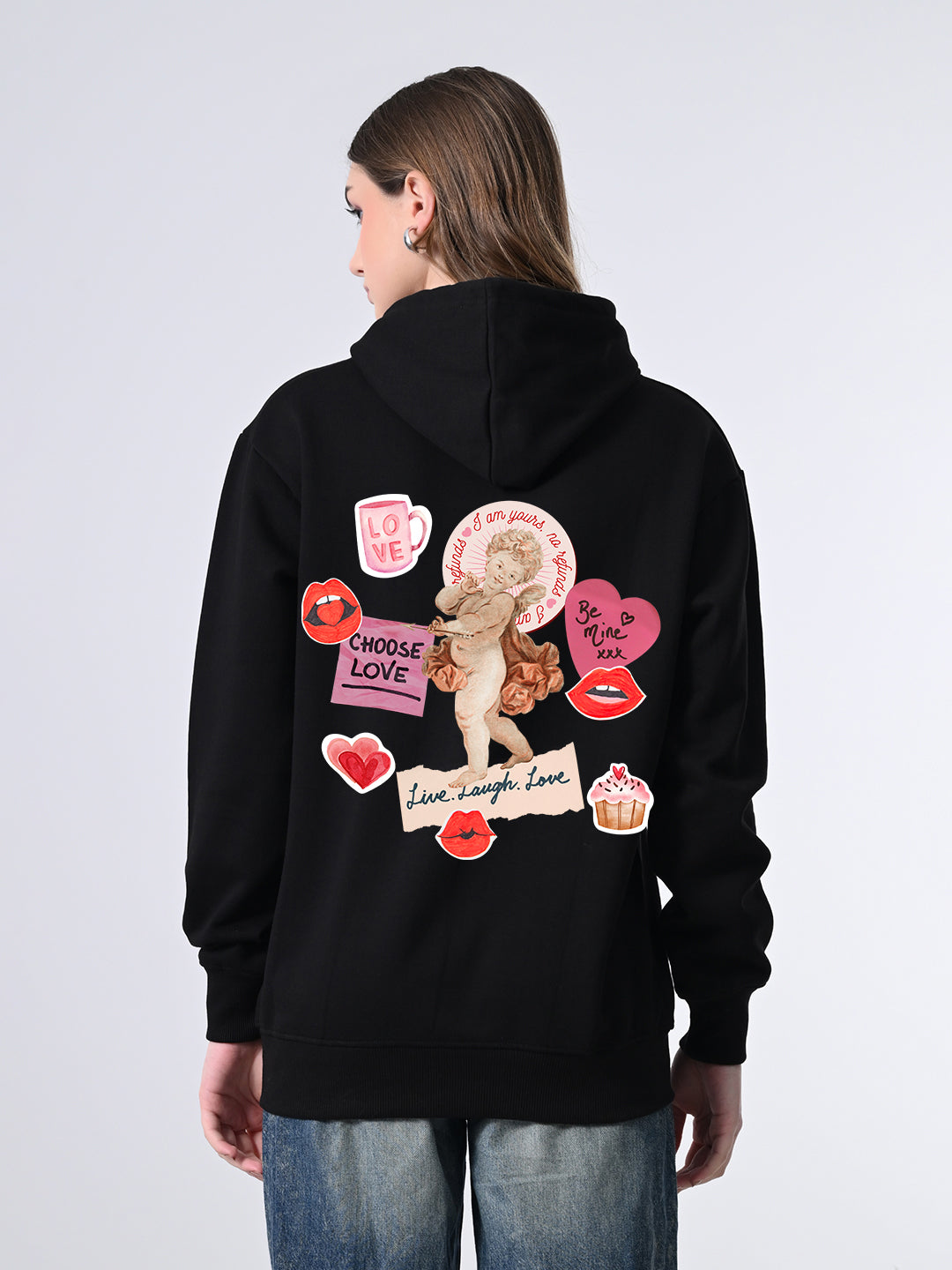 Women’s Cozy Black Hoodie – Printed Winter Pullover with Hooded Neck, Relaxed Fit & Full Sleeves