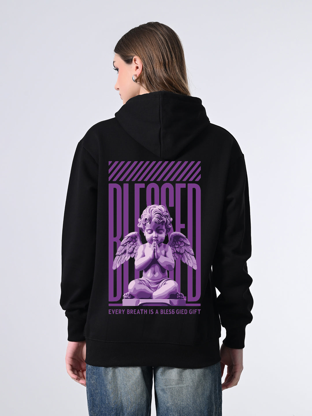 Women’s Black Printed Hoodie – Relaxed Fit Fleece Pullover with Kangaroo Pocket