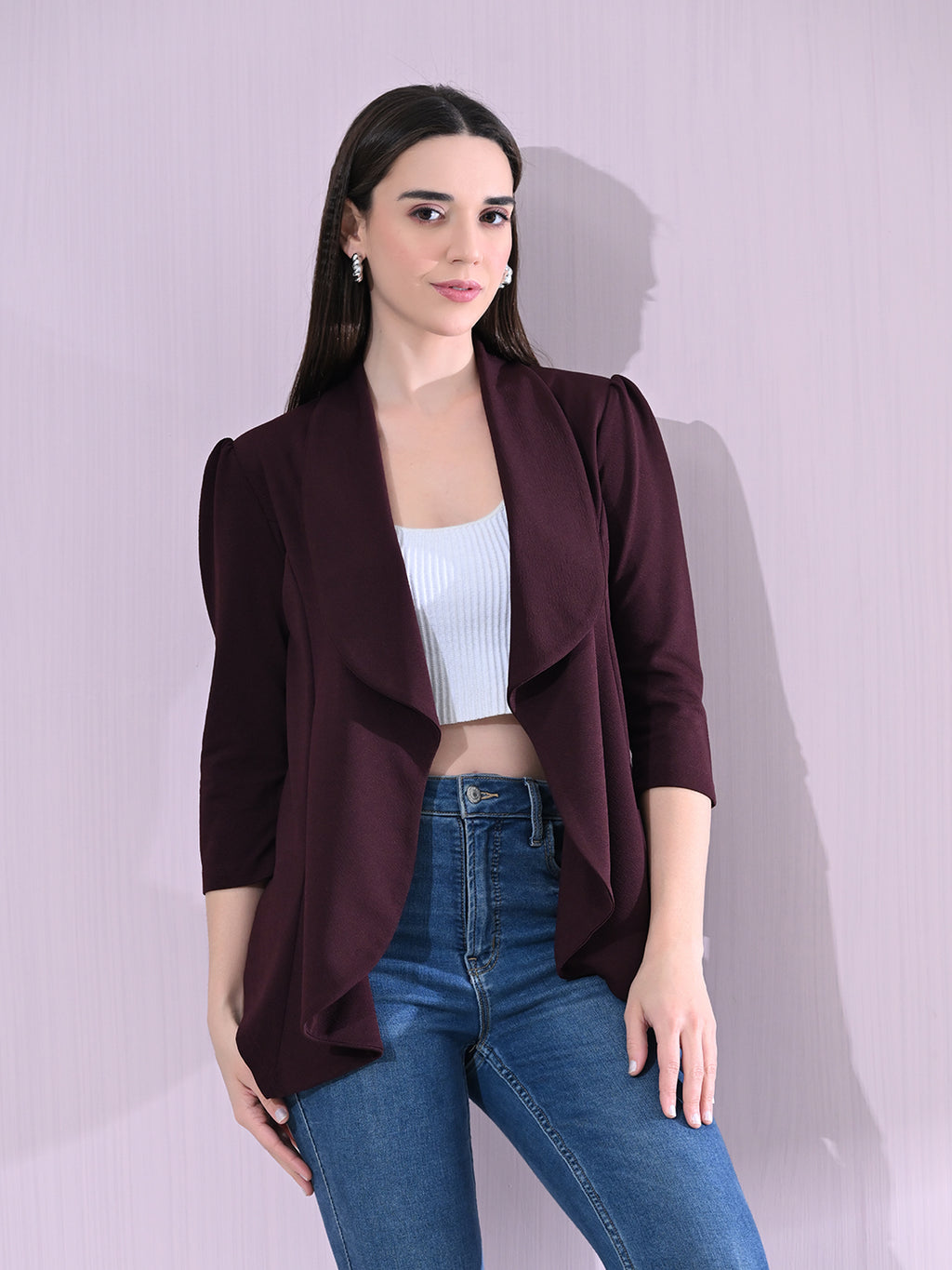 Red Wine Cotton Blend Snap Blazer For Women