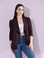 Red Wine Cotton Blend Snap Blazer For Women
