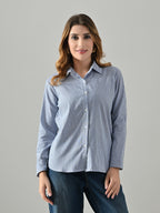 OWL MINK Women’s Blue Cotton Striped Shirt | Regular Fit, Full Sleeve