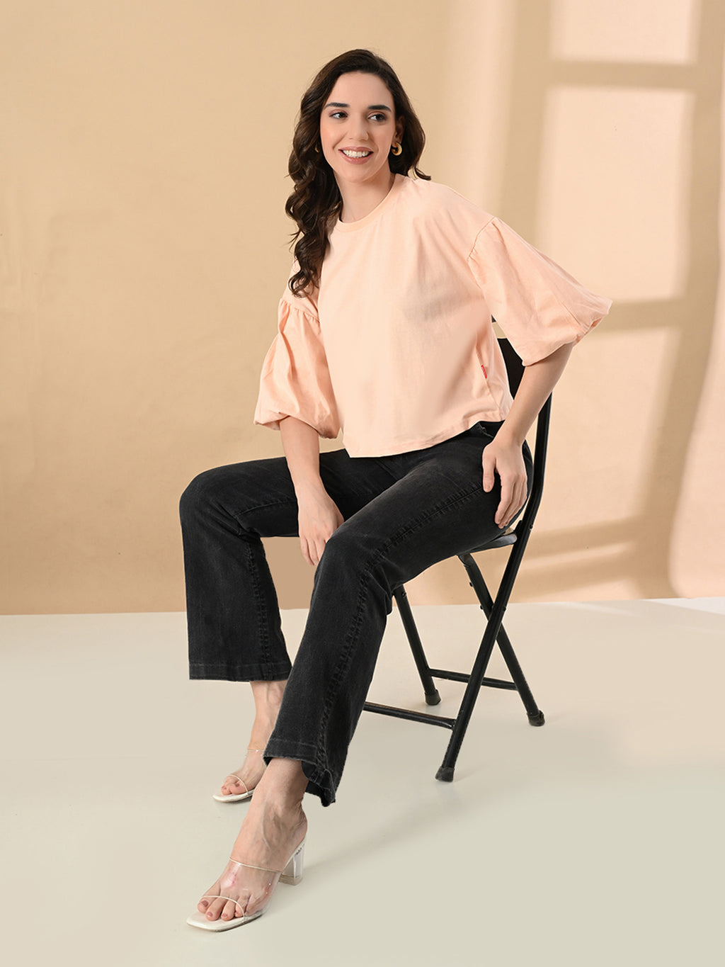 Women’s 100% Cotton Oversized Crop Top – Balloon Sleeves & Trendy Round Neck