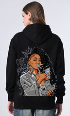 Women’s Black Printed Fleece Hoodie – Cozy Relaxed Fit Pullover