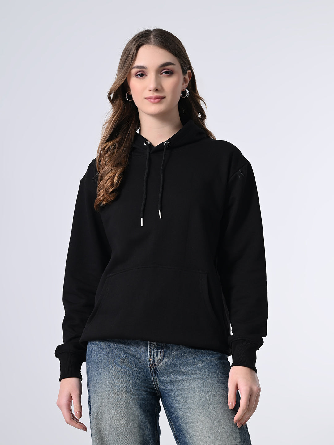 Stylish Black Hoodie for Women – Warm Printed Pullover with Lined Hood, Ribbed Finish & Full Sleeves