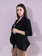 Black Cotton Blend Snap Blazer For Women