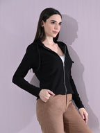 Cotton Full Sleeve Hoddie Women Solid Black Hoodie Jacket