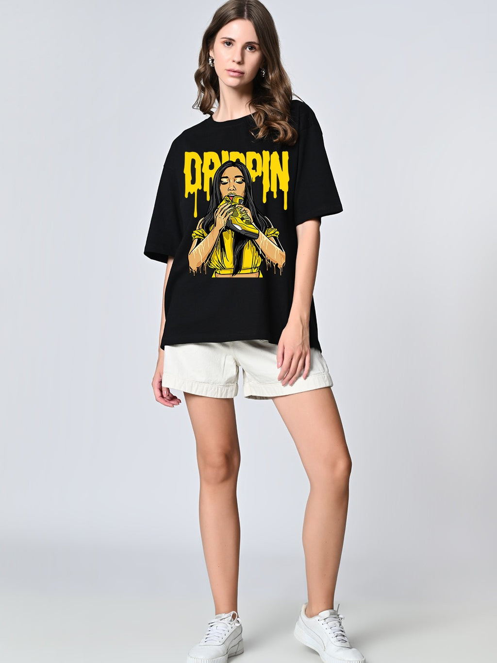 Oversized Black Printed Cotton T-Shirt for Women – Round Neck, Drop Shoulder