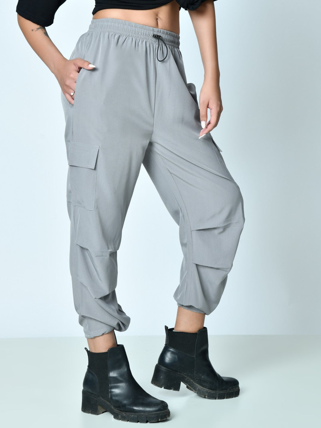 Loose Fit High-Waist Pleated Cargo Pants for Women – Poplin Lycra Fabric