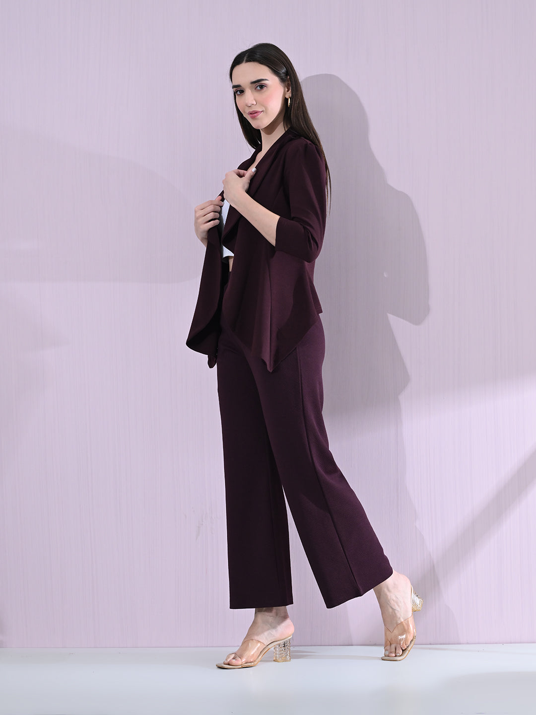 Women's Solid Relaxed Fit 3/4 Sleeve Co-ord Blazer and Trouser Set Wine