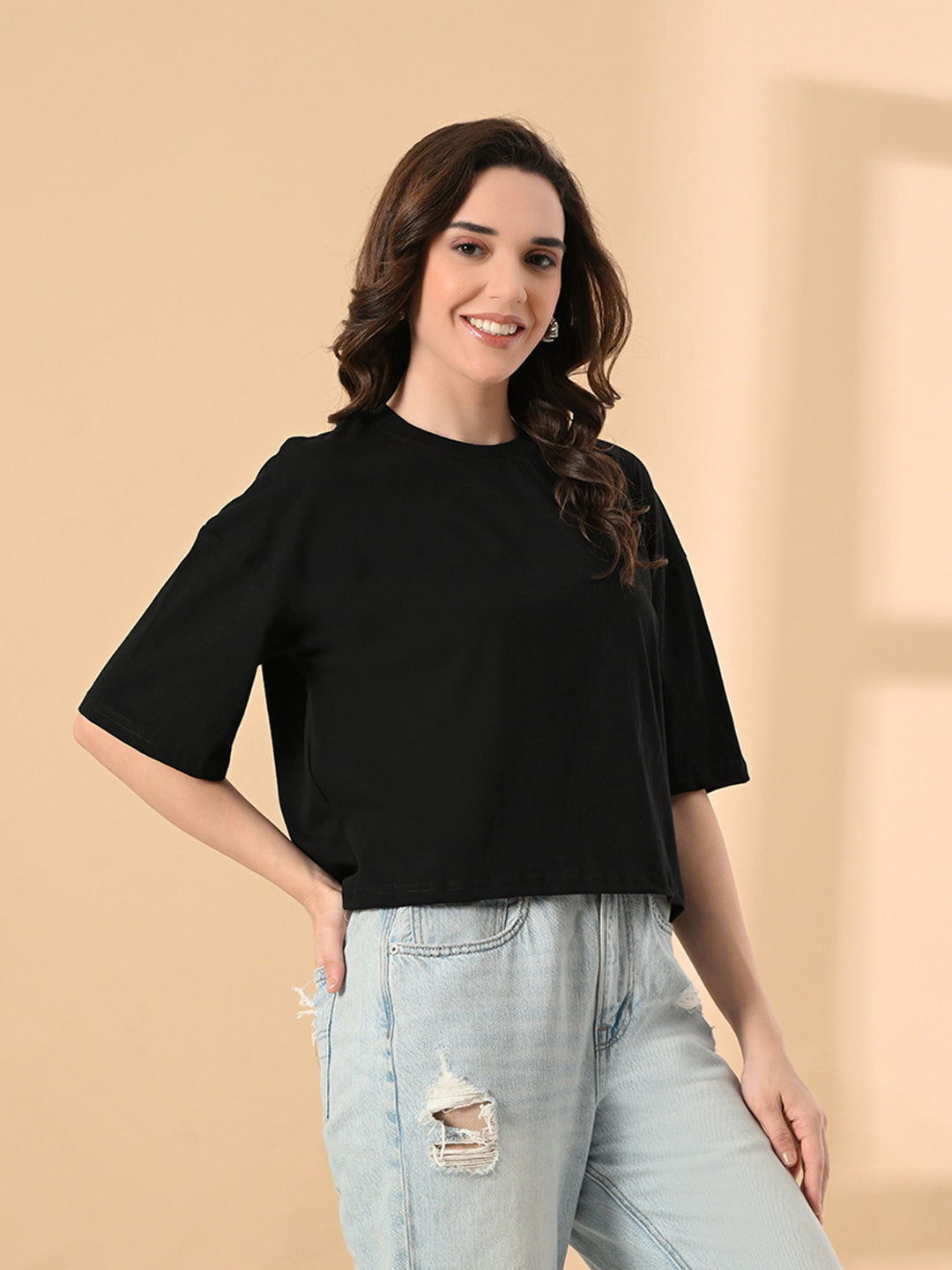 Women's Oversized Drop Shoulder Crop T-Shirt – 100% Cotton, Round Neck Half Sleeves