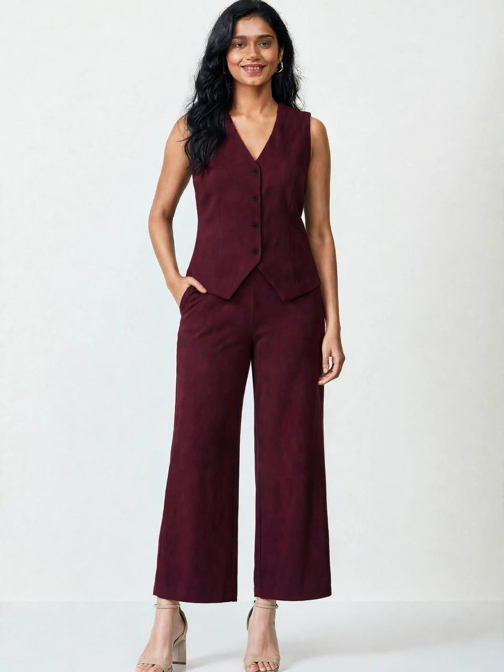 Women's Solid Sleeveless V-Neck Longline Waistcoat Co-Ord Set| Regular Fit Lycra Blend Knitted Waistcoat and Wide Leg Trouser for Casual, Office Wear & Semi-Formal Occasions