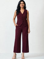 Women's Solid Sleeveless V-Neck Longline Waistcoat Co-Ord Set| Regular Fit Lycra Blend Knitted Waistcoat and Wide Leg Trouser for Casual, Office Wear & Semi-Formal Occasions