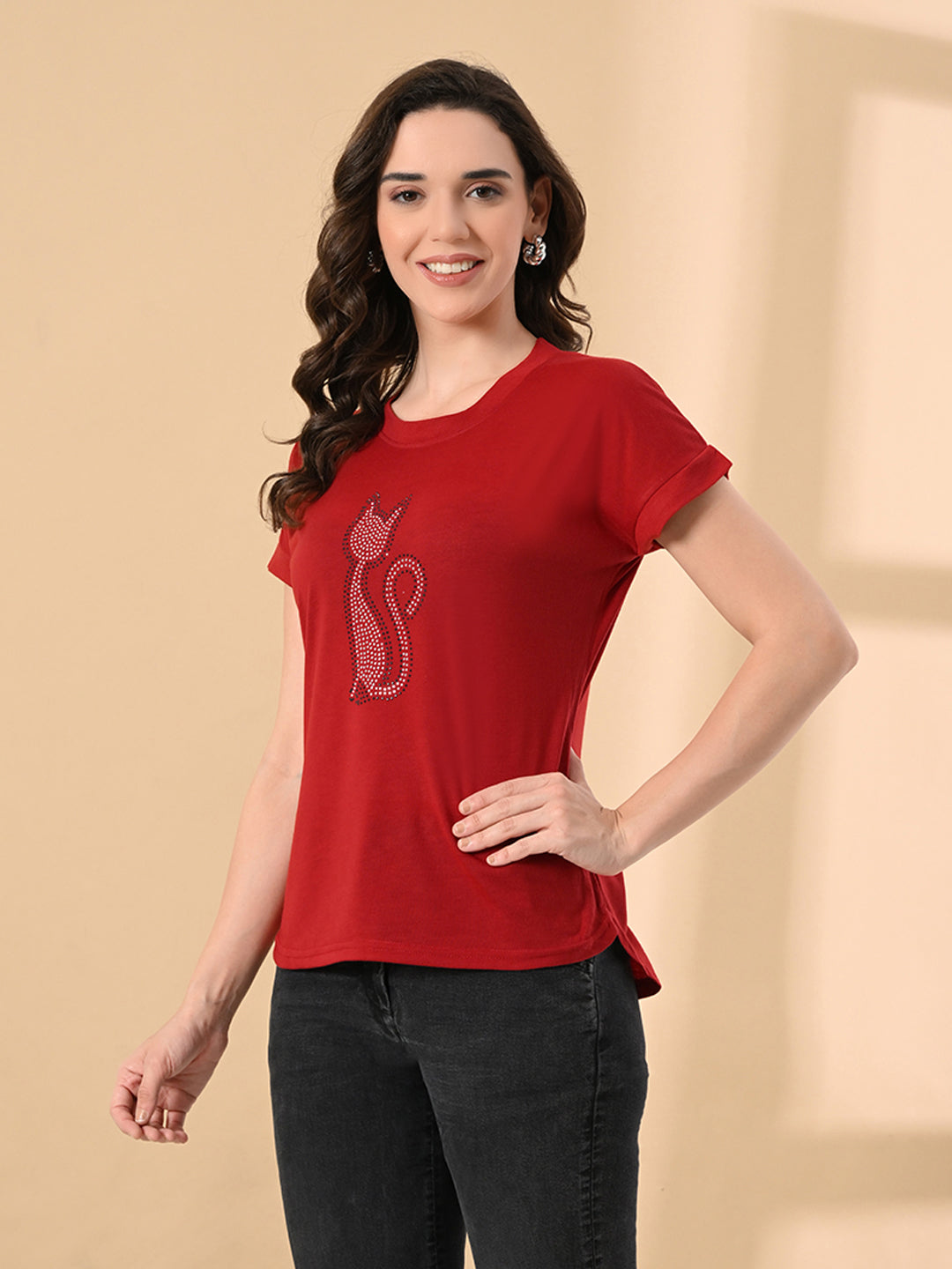 Women’s High-Low T-Shirt with Crystal Cat Print