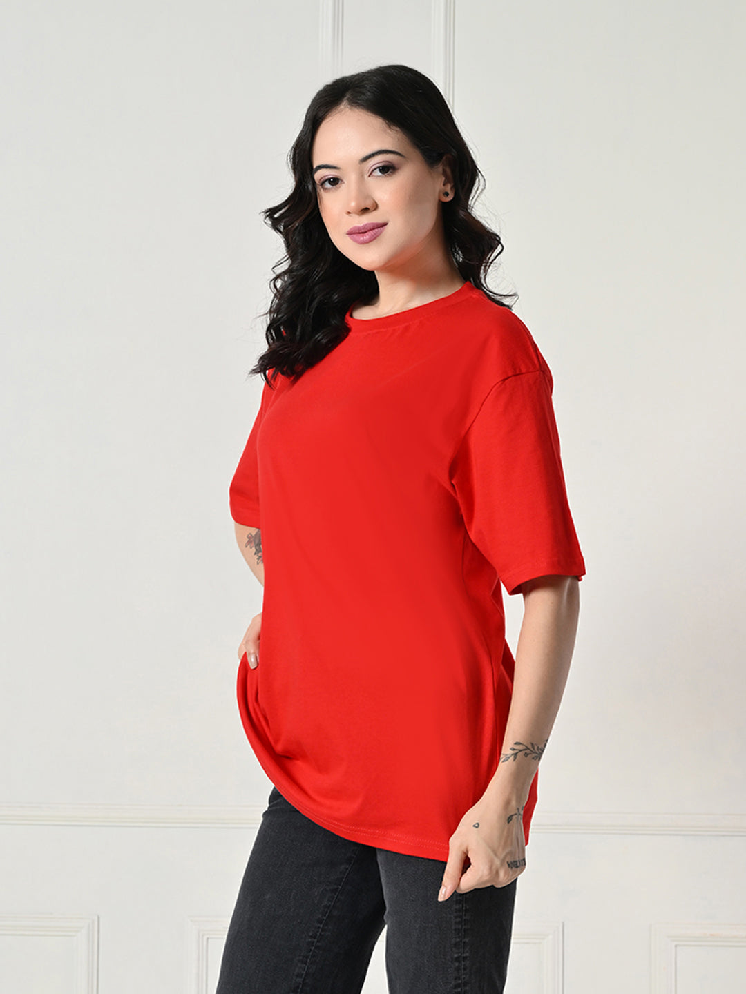 Oversized Drop Shoulder Women’s T-Shirt – Pure Cotton, Round Neck, Relaxed Fit Red
