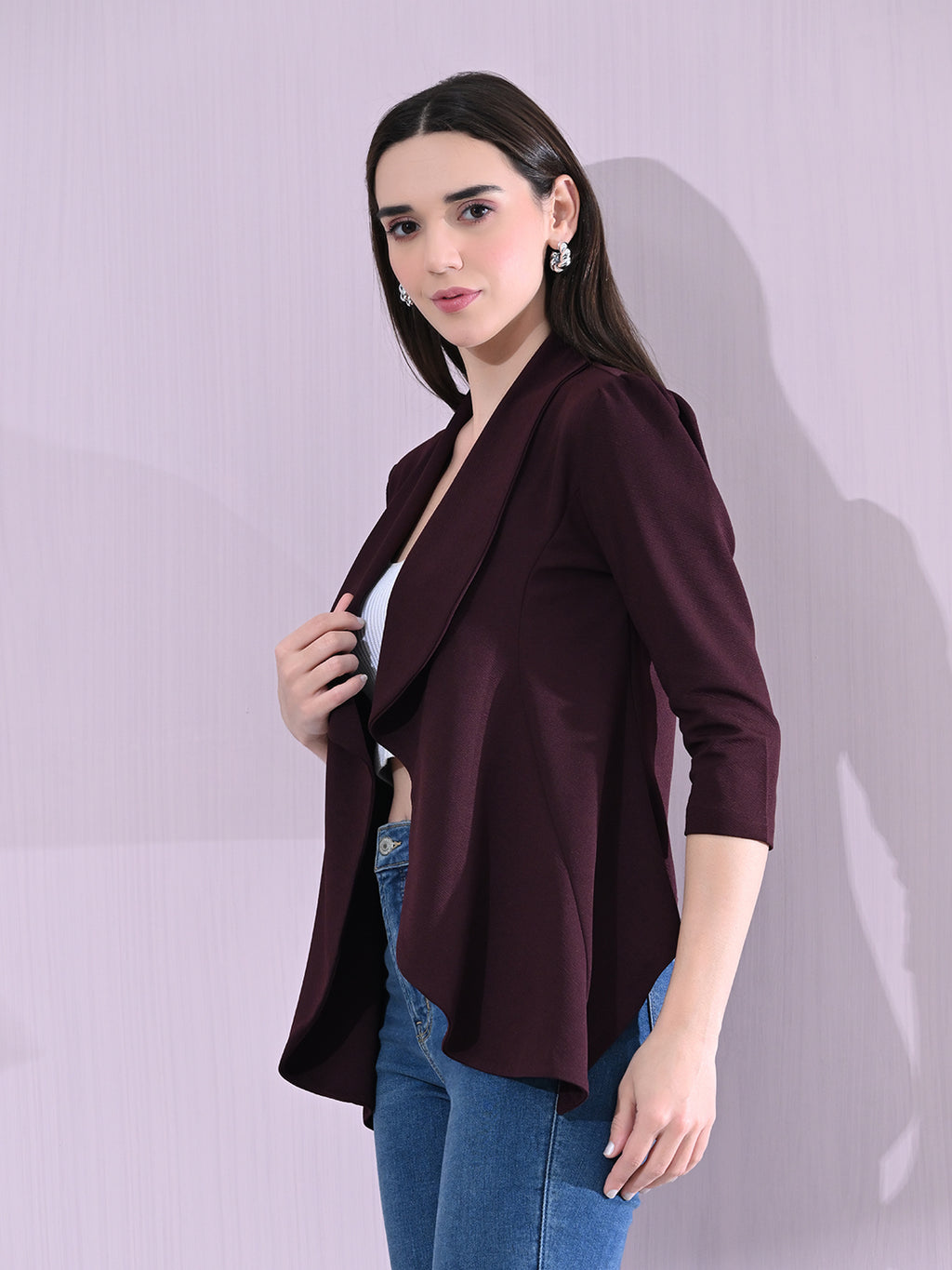 Red Wine Cotton Blend Snap Blazer For Women