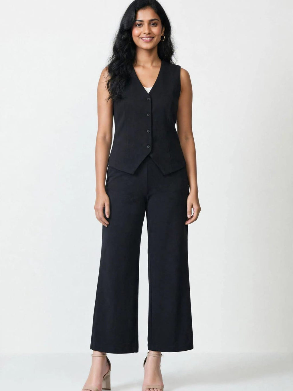 Women's Solid Sleeveless V-Neck Longline Waistcoat Co-Ord Set| Regular Fit Lycra Blend Knitted Waistcoat and Wide Leg Trouser for Casual, Office Wear & Semi-Formal Occasions