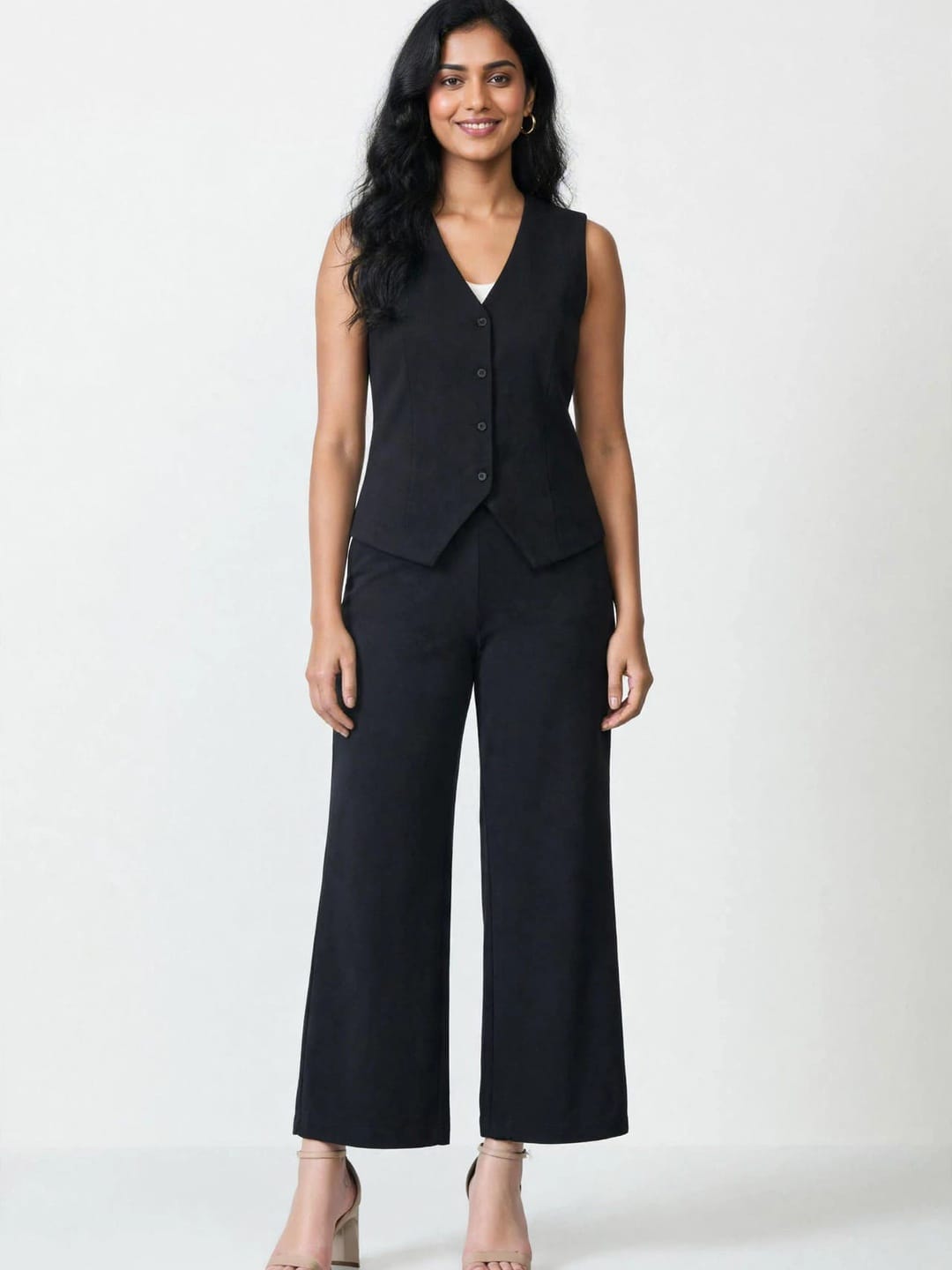 Women's Solid Sleeveless V-Neck Longline Waistcoat Co-Ord Set| Regular Fit Lycra Blend Knitted Waistcoat and Wide Leg Trouser for Casual, Office Wear & Semi-Formal Occasions