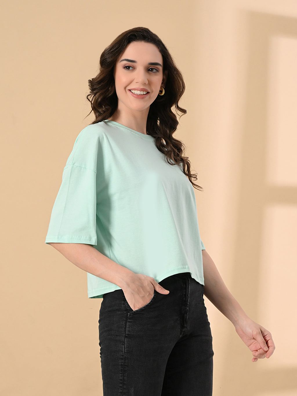 Oversized Crop T-Shirt for Women – Pure Cotton, Drop Shoulder, Solid Casual Top