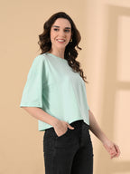 Oversized Crop T-Shirt for Women – Pure Cotton, Drop Shoulder, Solid Casual Top