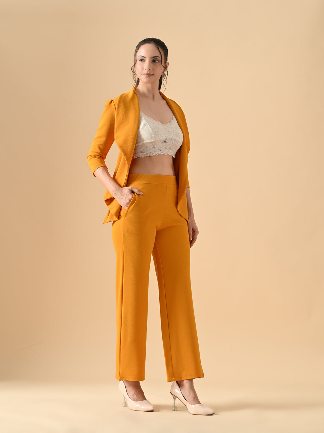 Women's Solid Relaxed Fit 3/4 Sleeve Co-ord Blazer and Trouser Set Mustred