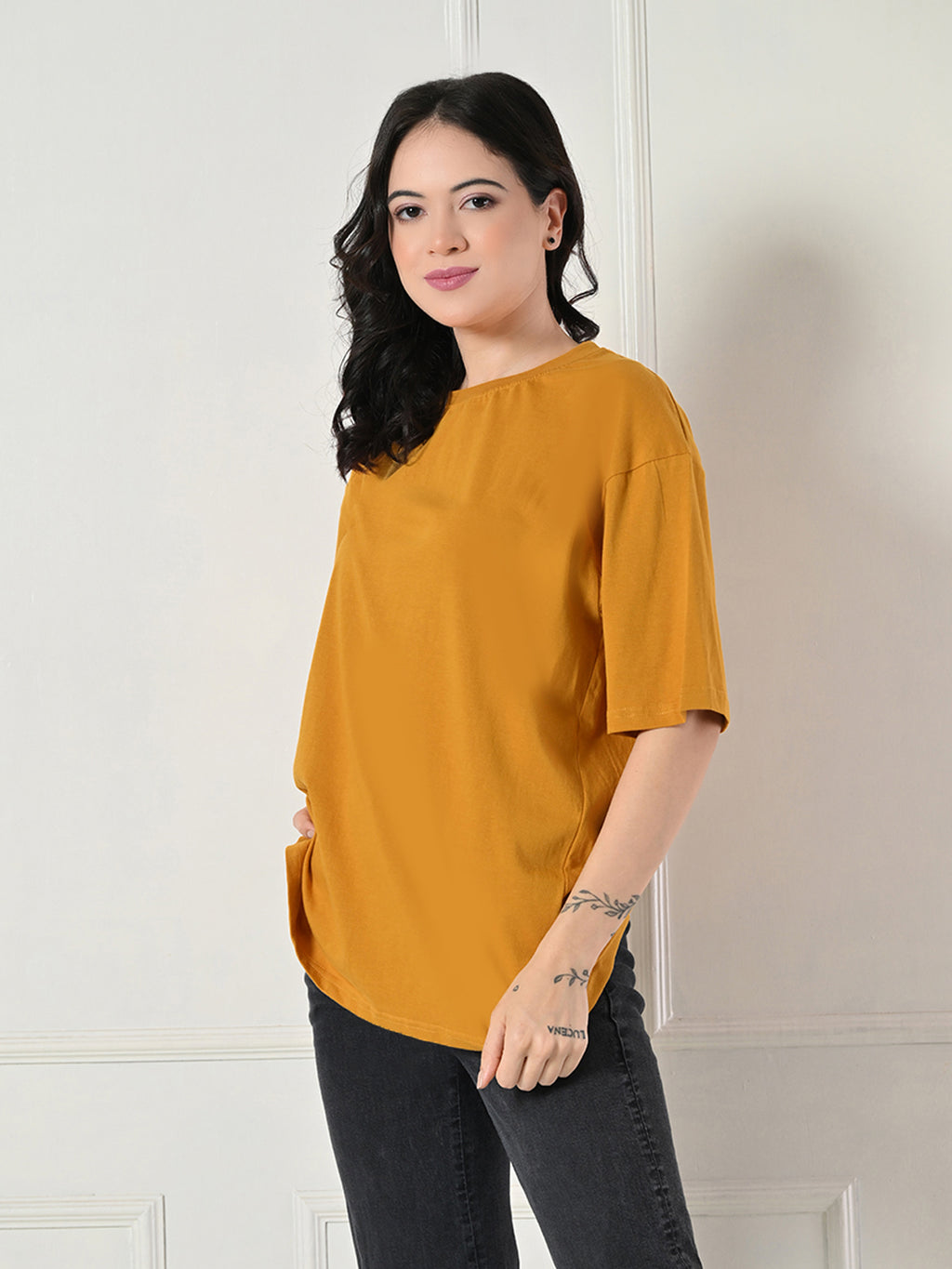 Women's Oversized Drop Shoulder Crop T-Shirt – 100% Cotton, Round Neck Half Sleeves Solid Top for Casual