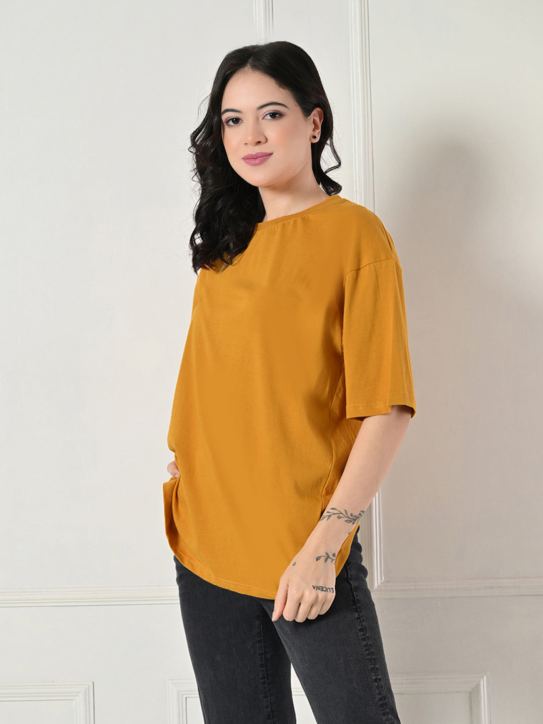 Women's Oversized Drop Shoulder Crop T-Shirt – 100% Cotton, Round Neck Half Sleeves Solid Top for Casual