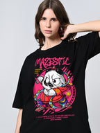 Women’s Oversized Drop-Shoulder Black Printed T-Shirt – 100% Pure Cotton
