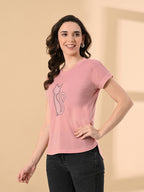 Stylish Women’s High-Low Tee with Crystal Print – Cotton Lycra