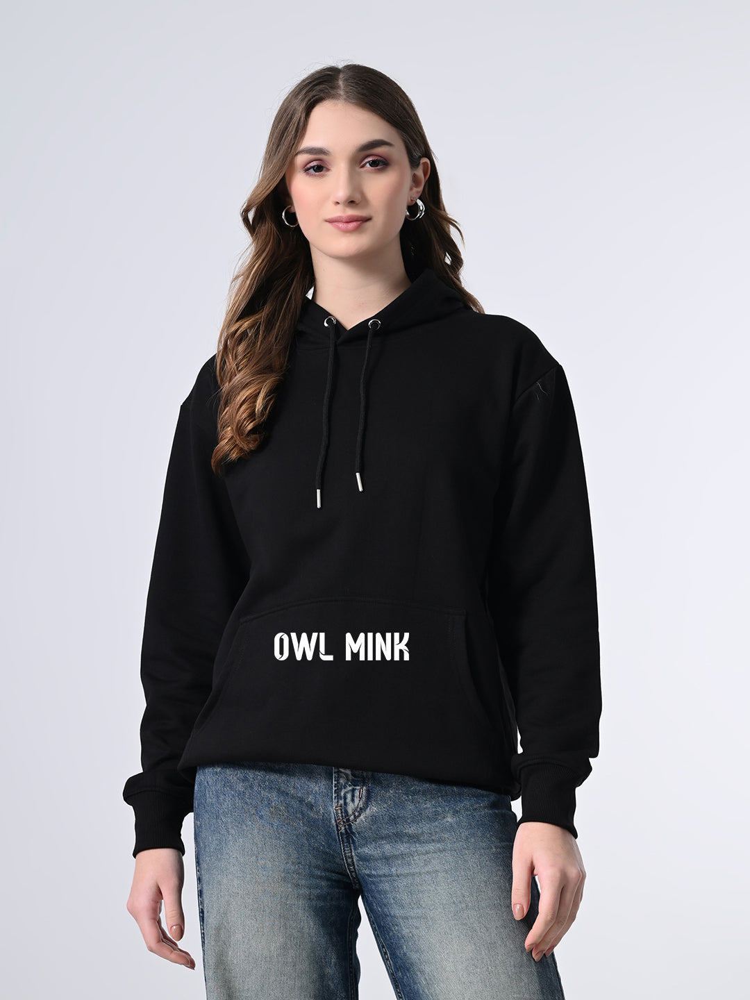 Women’s Printed Black Hoodie – Fleece Pullover, Relaxed Fit & Kangaroo Pocket