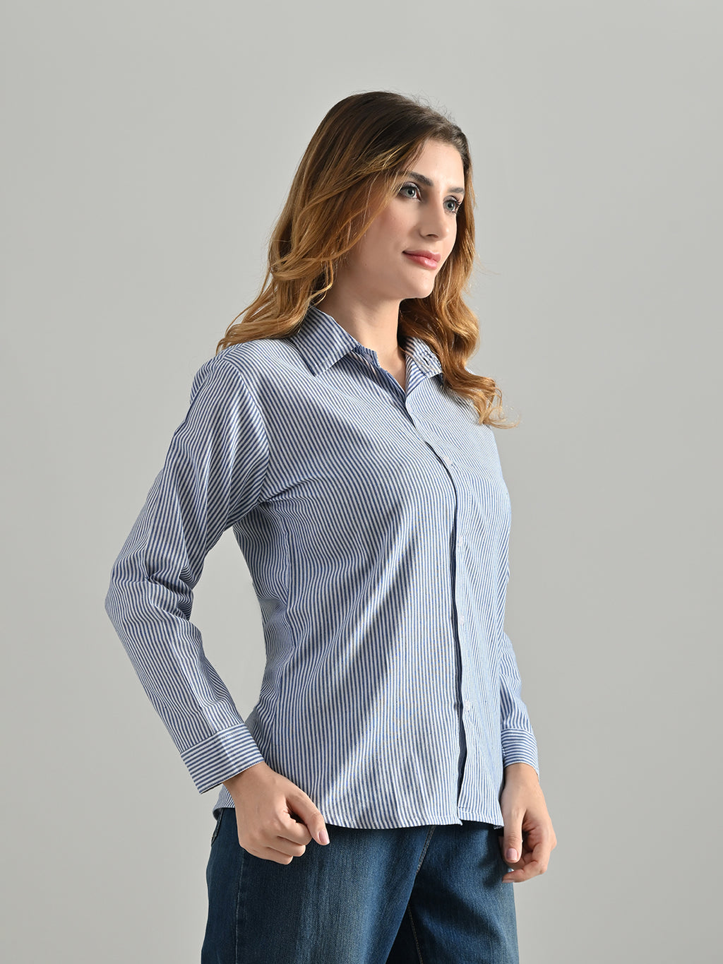 OWL MINK Women’s Blue Cotton Striped Shirt | Regular Fit, Full Sleeve