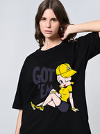 Women’s Oversized Cotton T-Shirt – Black Print, Drop Shoulder, Half Sleeves