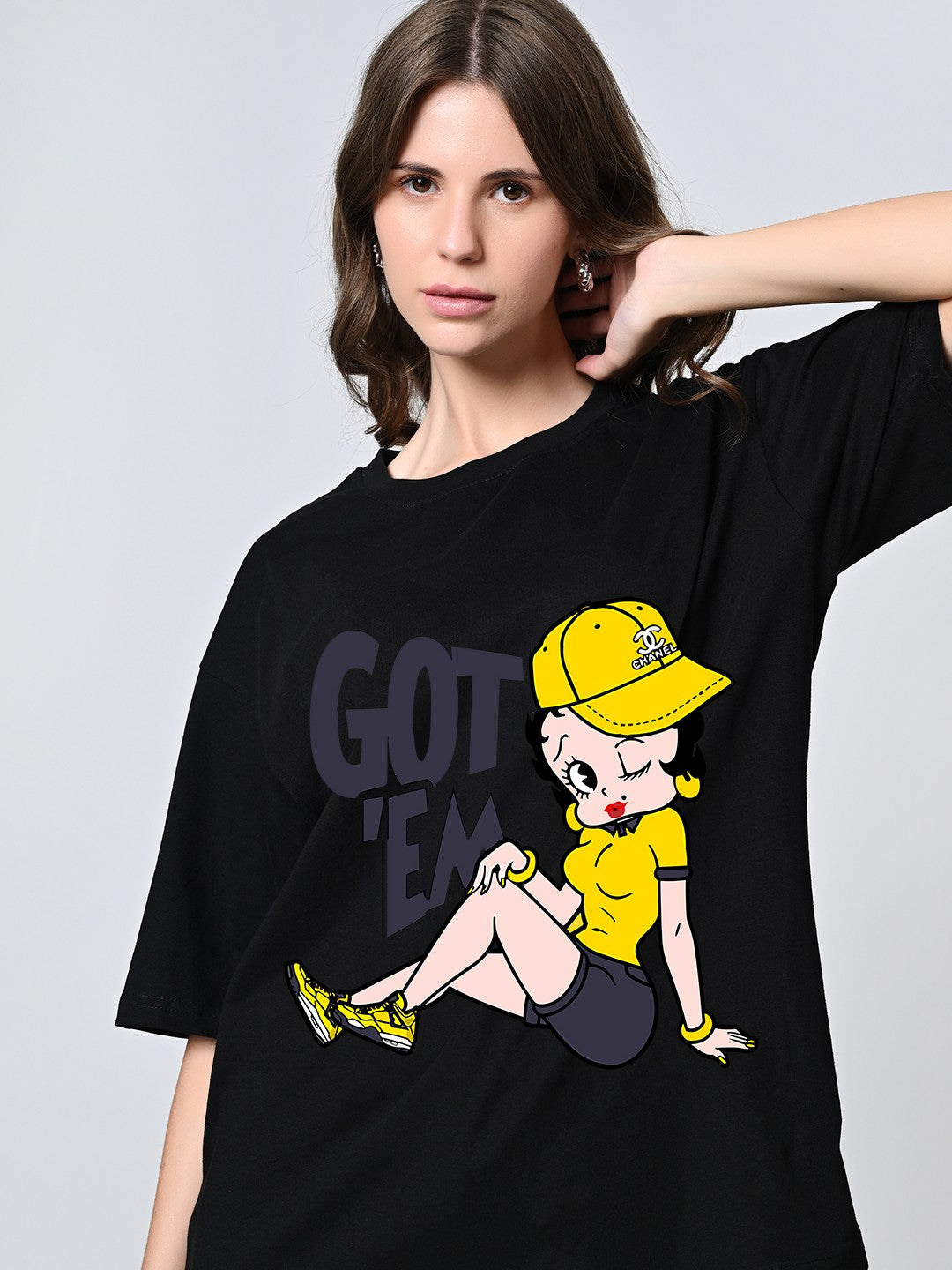 Women’s Oversized Cotton T-Shirt – Black Print, Drop Shoulder, Half Sleeves