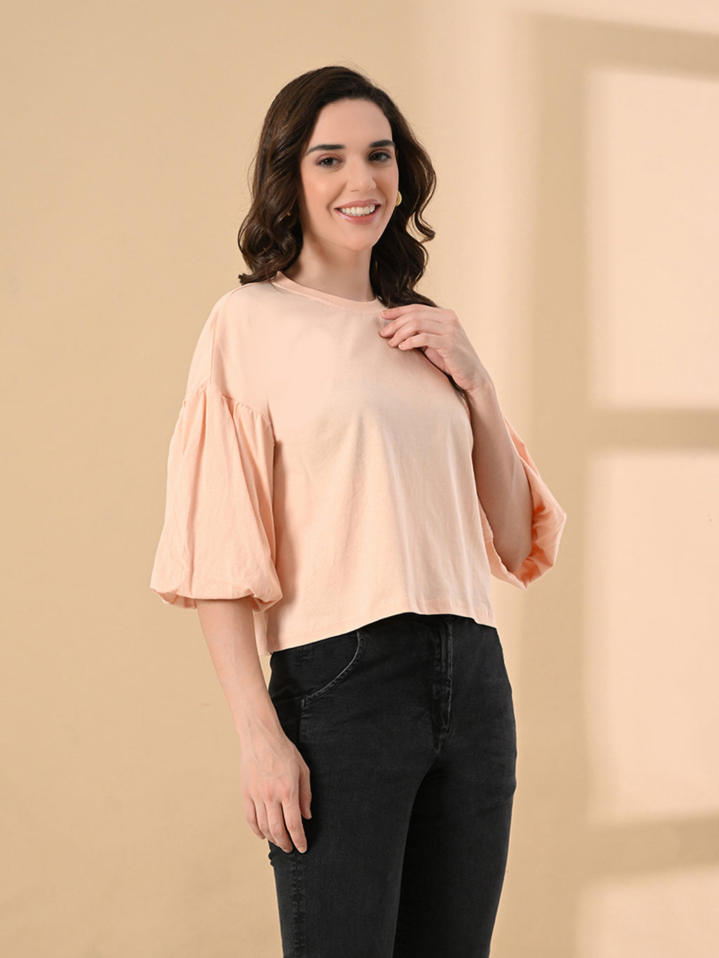 Women’s 100% Cotton Oversized Crop Top – Balloon Sleeves & Trendy Round Neck